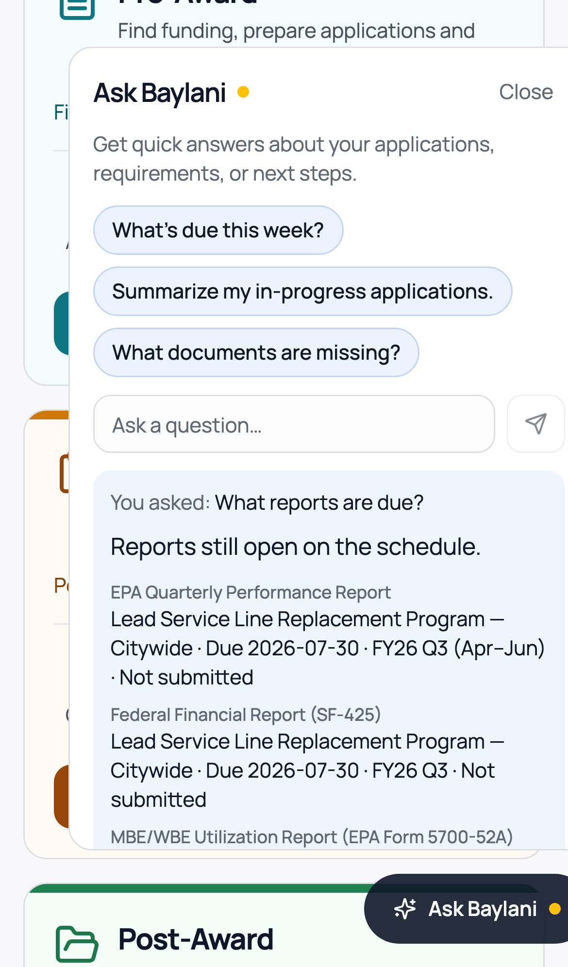 Ask Baylani open on a phone, answering 'What reports are due?' with the open reports, award, period, and due date from the reporting schedule (demo workspace with sample data)